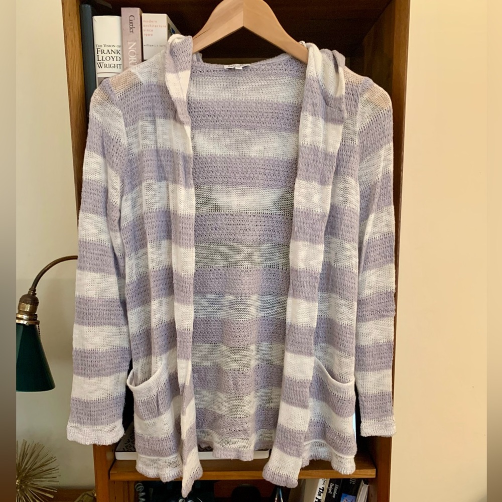 Splendid Hoodie Hooded Cardigan Gray/Off-White Stripes Size S